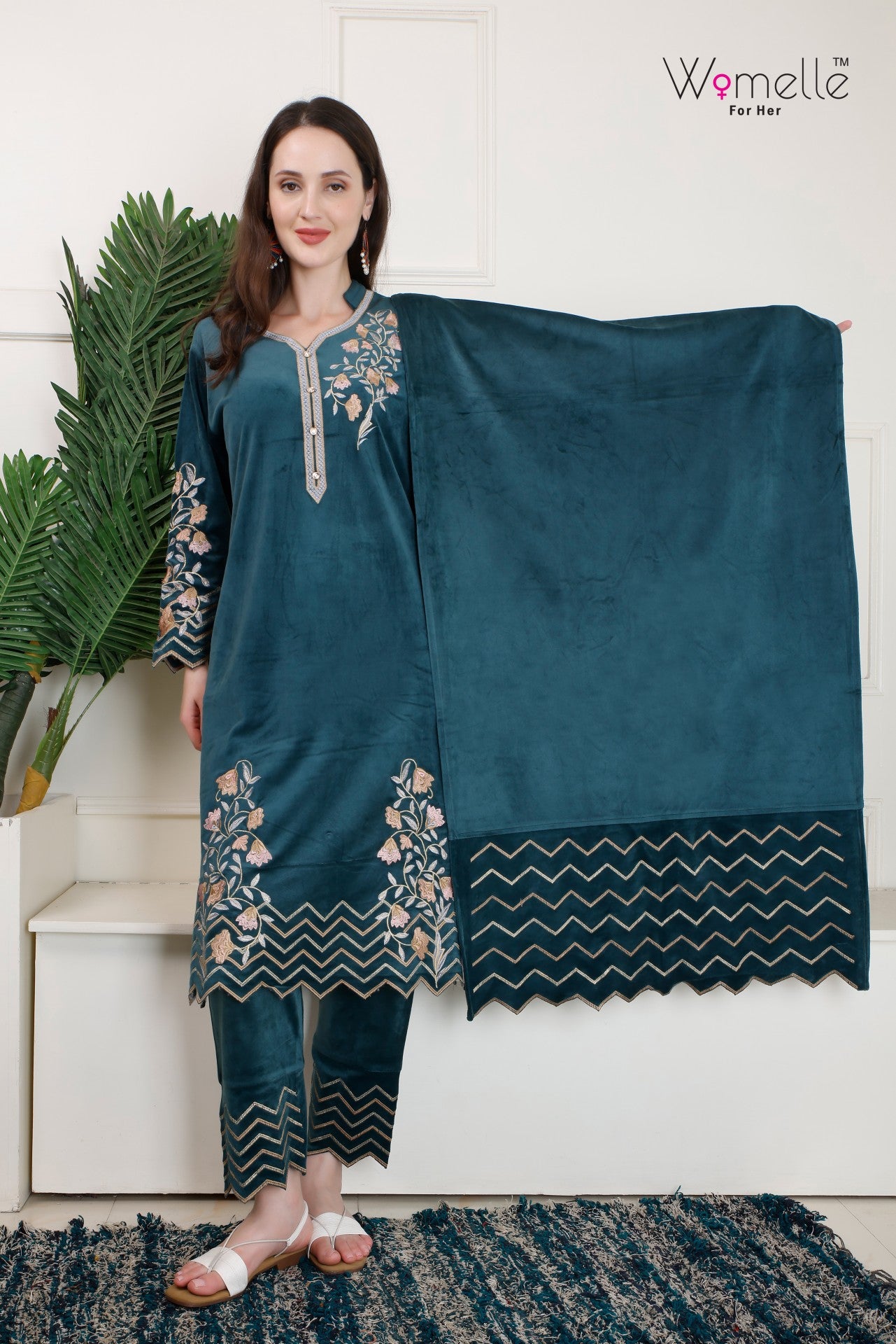 Women's Embroidered Teal Green Velvet Kurta Set