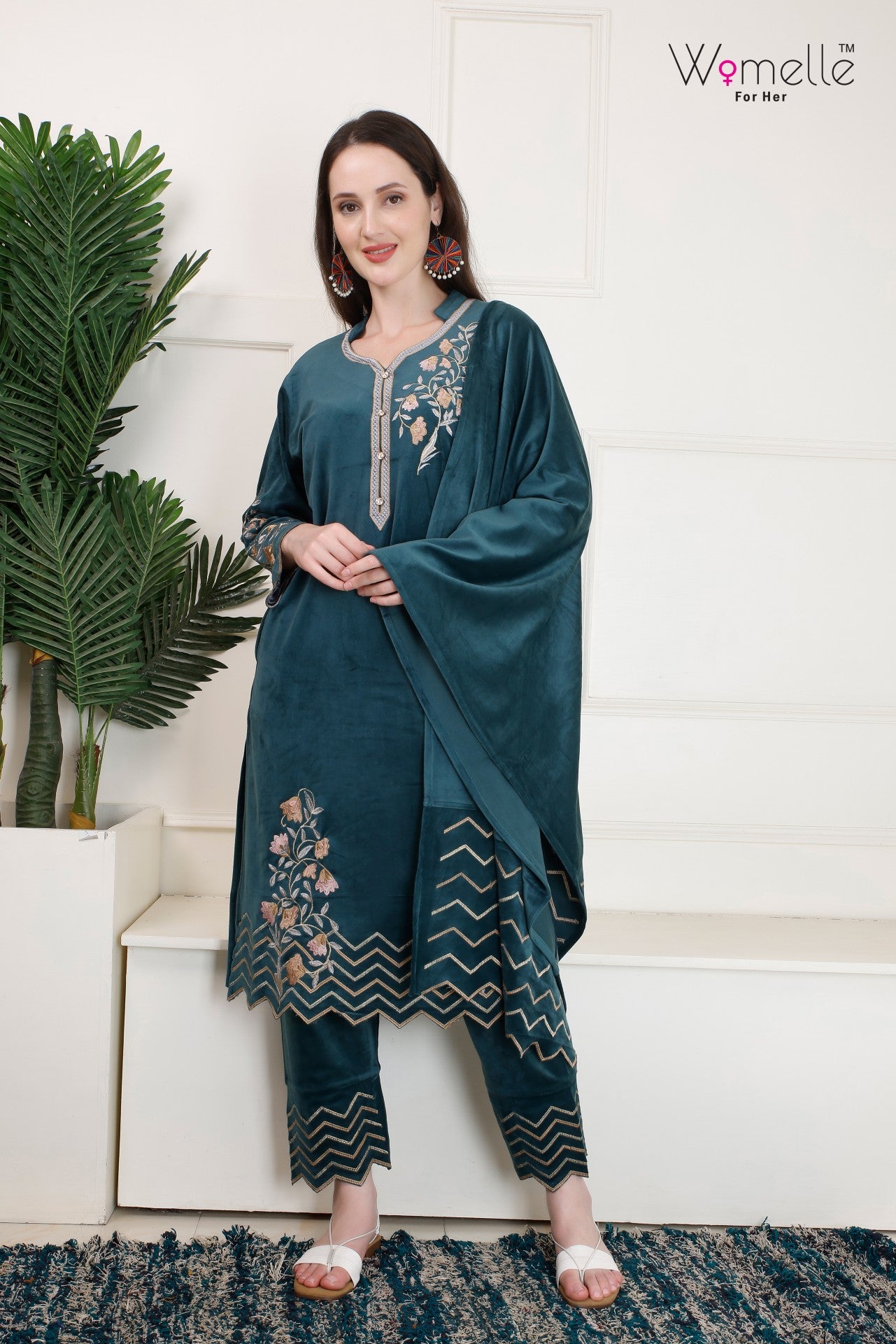 Women's Embroidered Teal Green Velvet Kurta Set