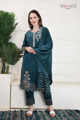 Women's Embroidered Teal Green Velvet Kurta Set