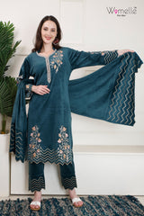 Women's Embroidered Teal Green Velvet Kurta Set