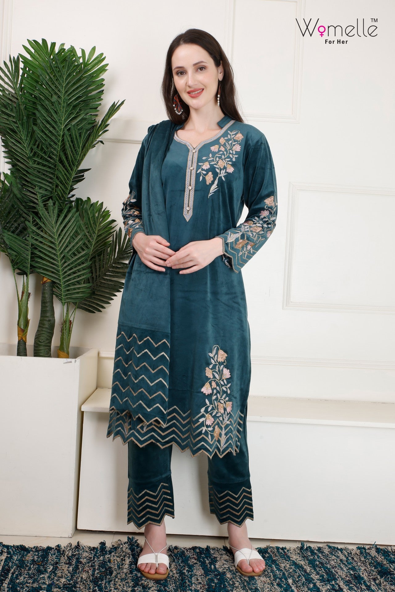 Women's Embroidered Teal Green Velvet Kurta Set