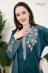 Women's Embroidered Teal Green Velvet Kurta Set