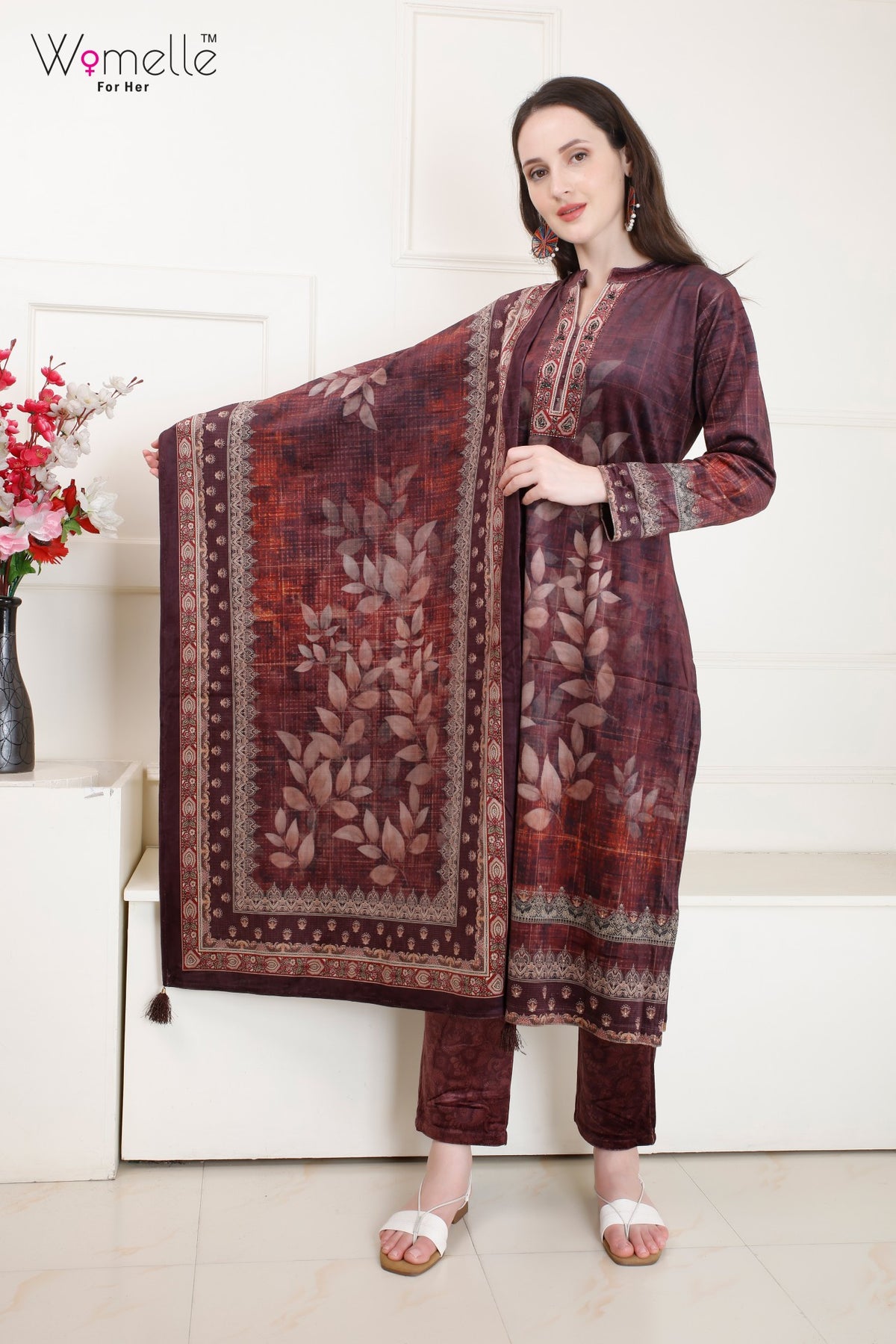 Women's Burgundy Floral Kurta Set