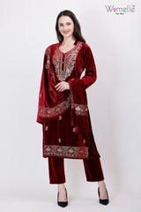 Womelle Elegant  Maroon Embroidered Kurta Set