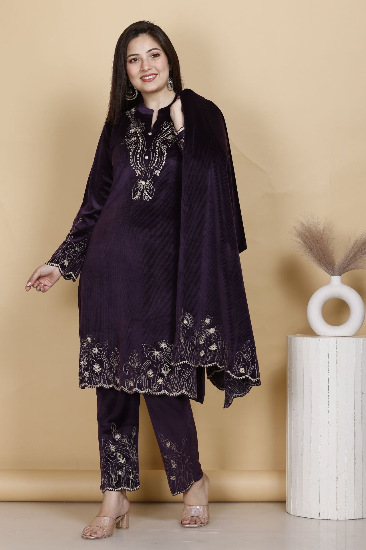 Regal Embroidered Velvet Kurta Set