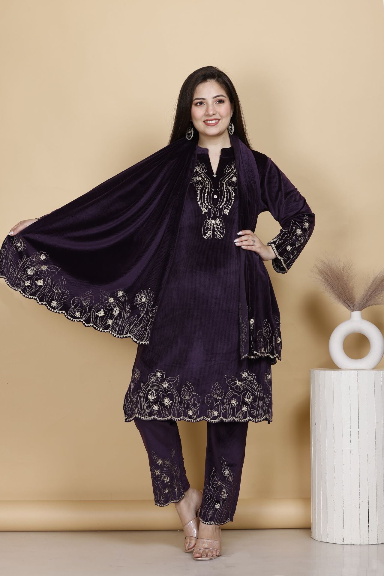 Regal Embroidered Velvet Kurta Set