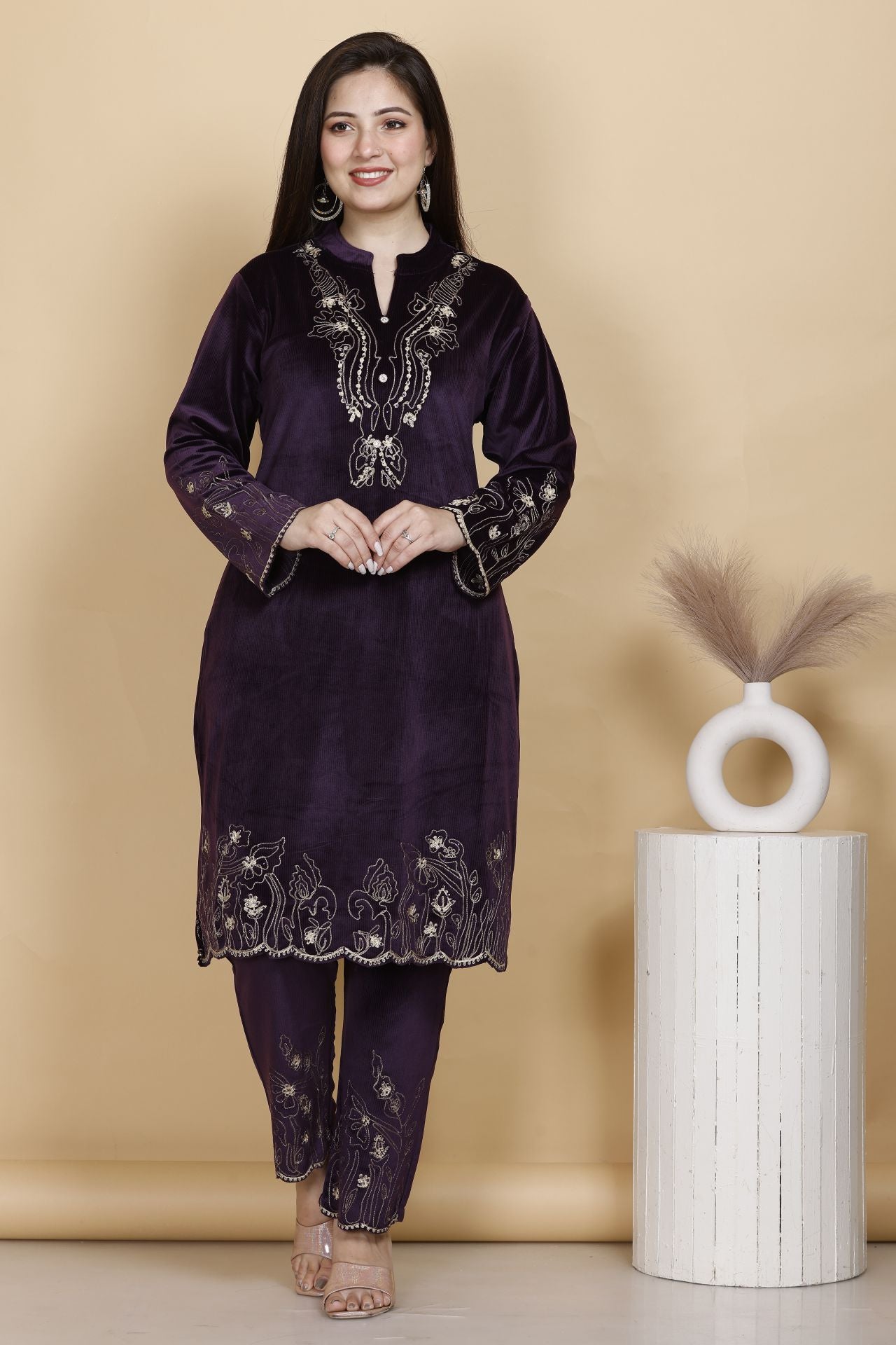 Regal Embroidered Velvet Kurta Set