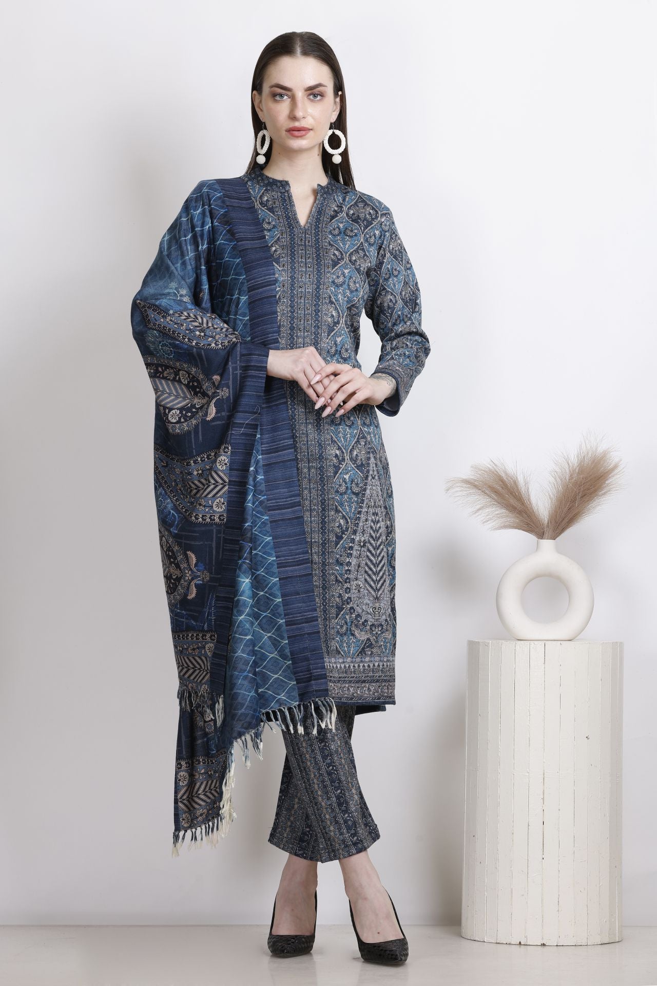 Blue Woollen  Printed Straight Kurta Set