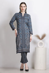 Blue Woollen  Printed Straight Kurta Set