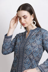 Blue Woollen  Printed Straight Kurta Set