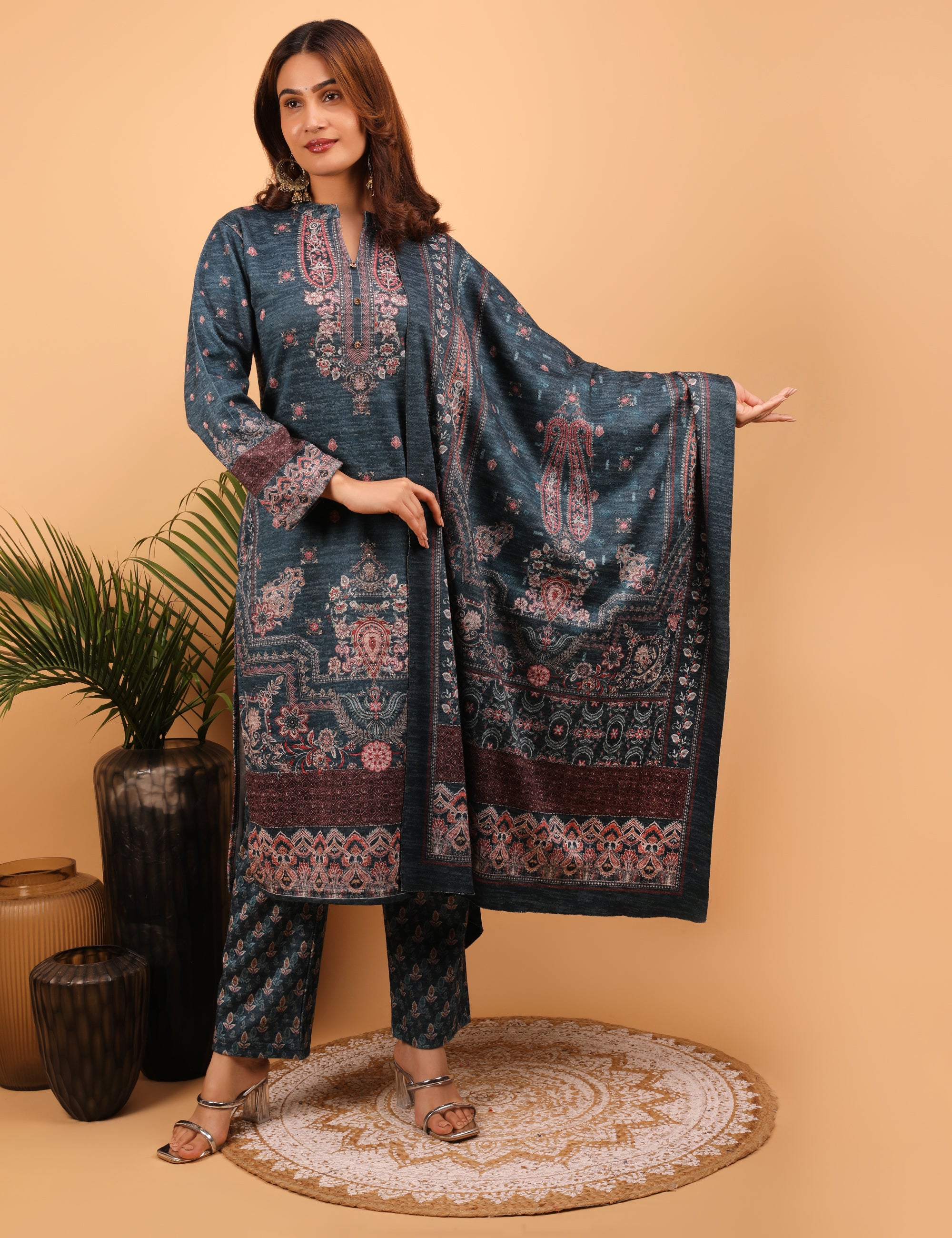 Majestic Teal Woollen Kurta Set