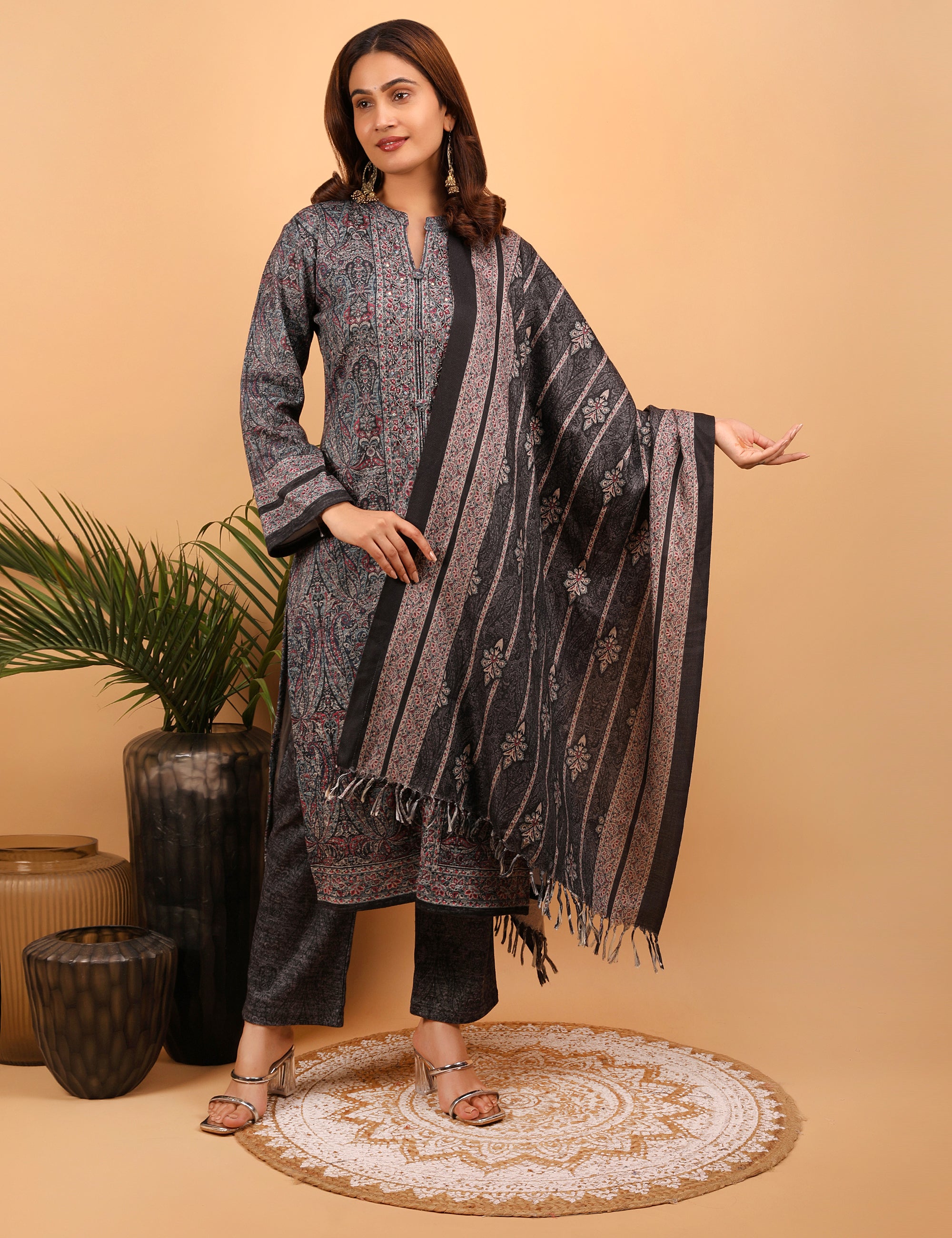 Midnight Blossom Woolen Kurta Set