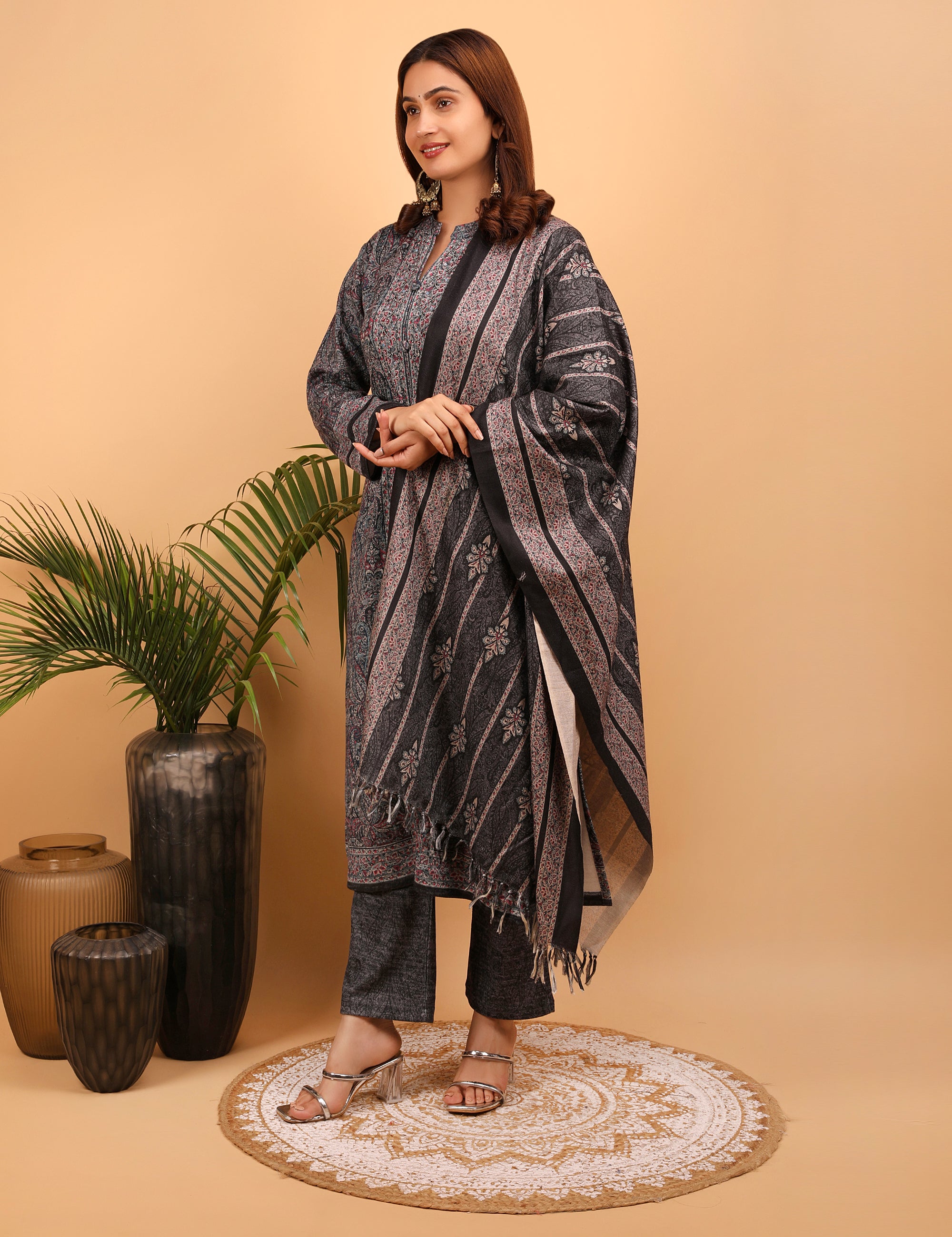 Midnight Blossom Woolen Kurta Set