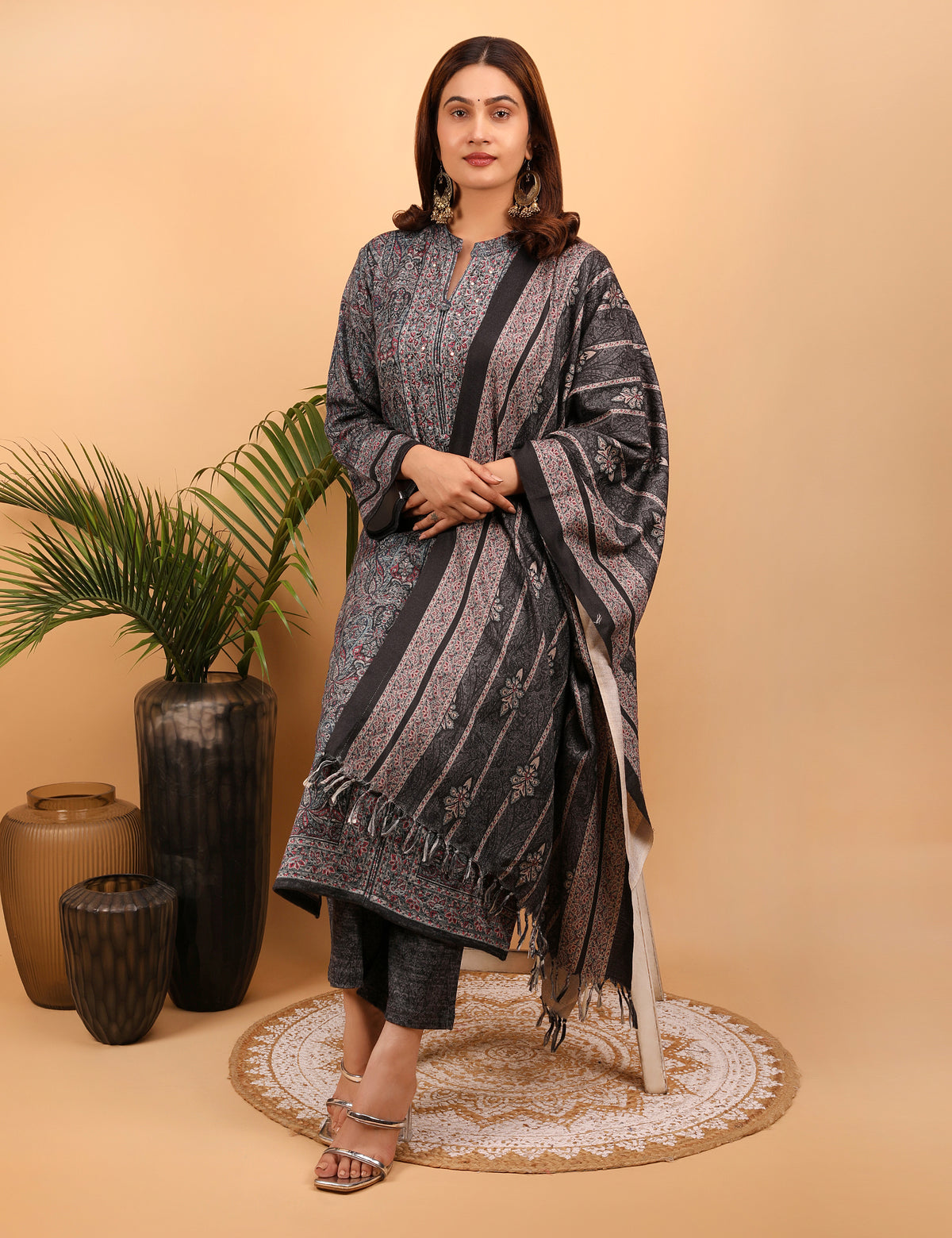 Midnight Blossom Woolen Kurta Set